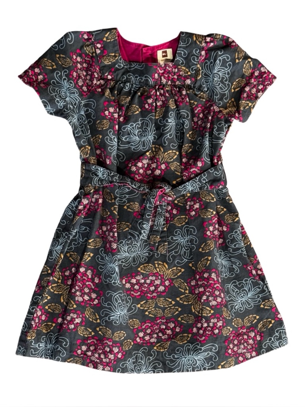 Tea Collection Kazari Floral Girls Size 4 Dress Green Pink Flowers Front Tie